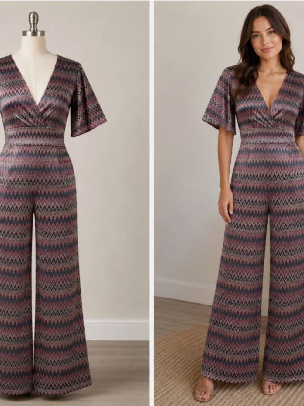 FARM RIO Revolve Zigzag Pink Gray V-Neck Jumpsuit Womens Sz Large